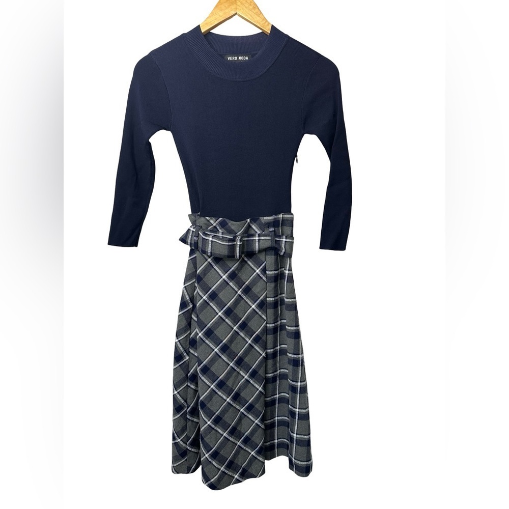Vero Moda Women Checkered Fit And Flared Casual Dress, Navy Blue xs - Picture 2 of 10